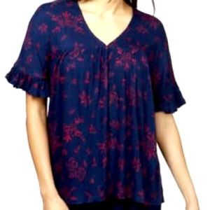 Lucky Brand Lace Ruffle Sleeve Trim Floral Blouse Navy